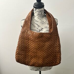 Large Woven Genuine Leather Hobo Bag Cognac Brown Shoulder Bag Boho Chic